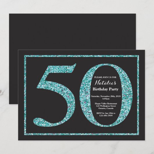 50e verjaardag Uitnodiging Blauwgroen Glitter Chal (Voorkant / Achterkant)