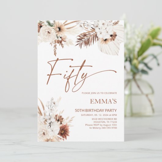 50e verjaardag uitnodiging Boho Pampas (Staand voorkant)