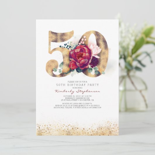 50e verjaardag uitnodiging - Bourgogne Red en goud (Staand voorkant)