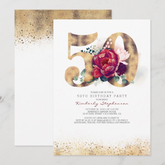 50e verjaardag uitnodiging - Bourgogne Red en goud (Voorkant / Achterkant)