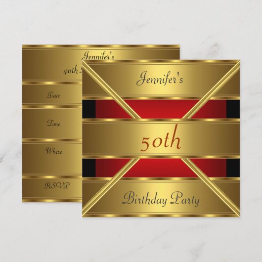 50e verjaardag Uitnodiging Gold Red (Voorkant / Achterkant)