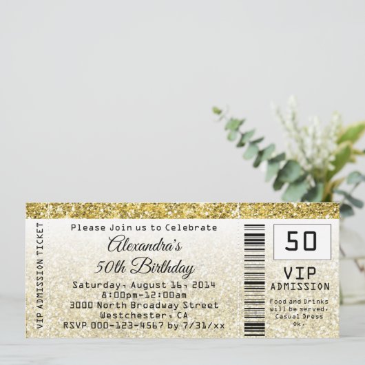 50e verjaardag Uitnodiging Golden Ticket (Staand voorkant)