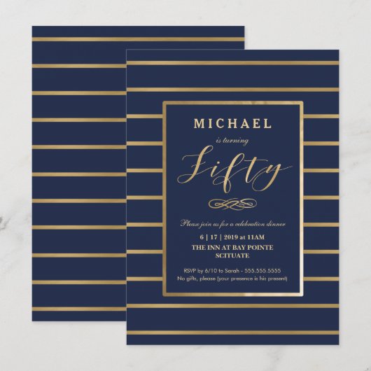 50e verjaardag uitnodiging - Goud, Elegant Manneli (Voorkant / Achterkant)