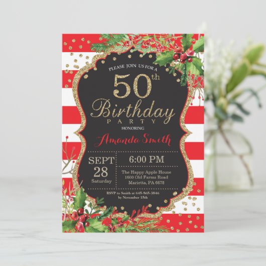 50e verjaardag uitnodiging. Kerstrood zwart goud Kaart (Staand voorkant)
