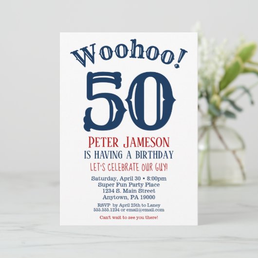 50e verjaardag Uitnodiging Mannen marineblauw (Staand voorkant)