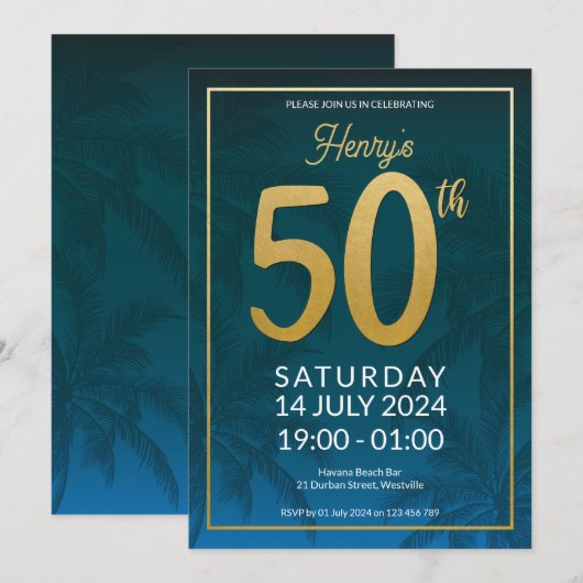 50e verjaardag uitnodiging met palmbomen (Voorkant / Achterkant)