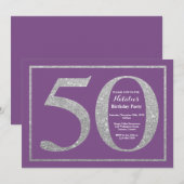 50e verjaardag Uitnodiging Paars en Zilver Glitter (Voorkant / Achterkant)