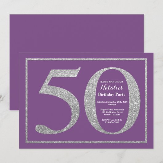 50e verjaardag Uitnodiging Paars en Zilver Glitter (Voorkant / Achterkant)
