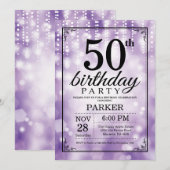 50e verjaardag uitnodiging Paarse glitter (Voorkant / Achterkant)