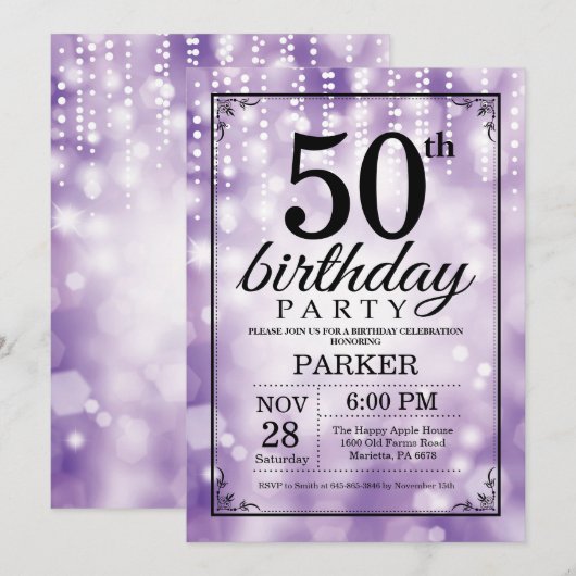 50e verjaardag uitnodiging Paarse glitter (Voorkant / Achterkant)