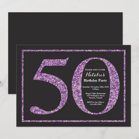 50e Verjaardag Uitnodiging Paarse Glitter schoolbo (Voorkant / Achterkant)