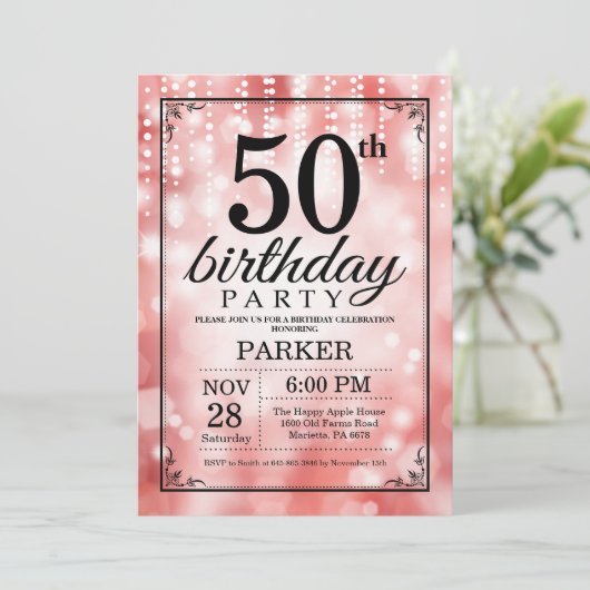 50e verjaardag uitnodiging Red Glitter (Staand voorkant)