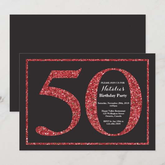 50e verjaardag uitnodiging rode glitter krijtbord (Voorkant / Achterkant)