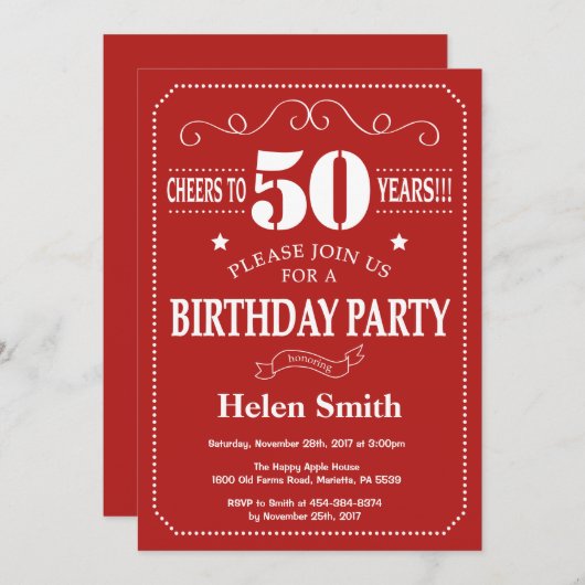 50e verjaardag Uitnodiging rood en wit (Voorkant / Achterkant)