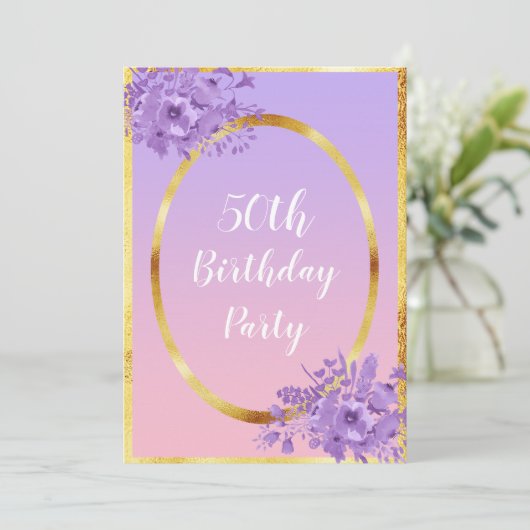 50e verjaardag uitnodiging roos gouden violet (Staand voorkant)