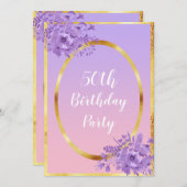 50e verjaardag uitnodiging roos gouden violet (Voorkant / Achterkant)