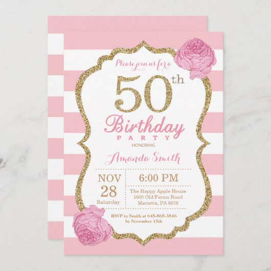 50e verjaardag uitnodiging roze en goudbloem (Voorkant / Achterkant)