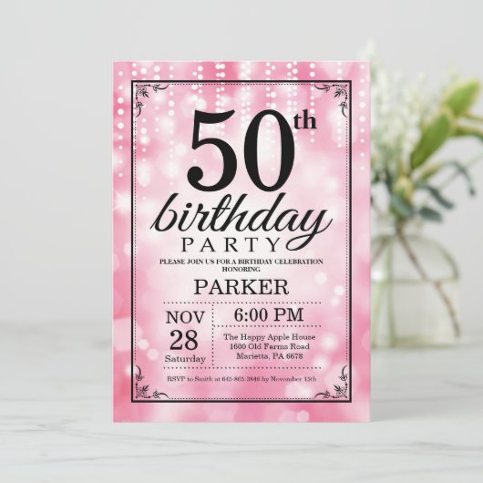 50e verjaardag uitnodiging roze glitter (Staand voorkant)