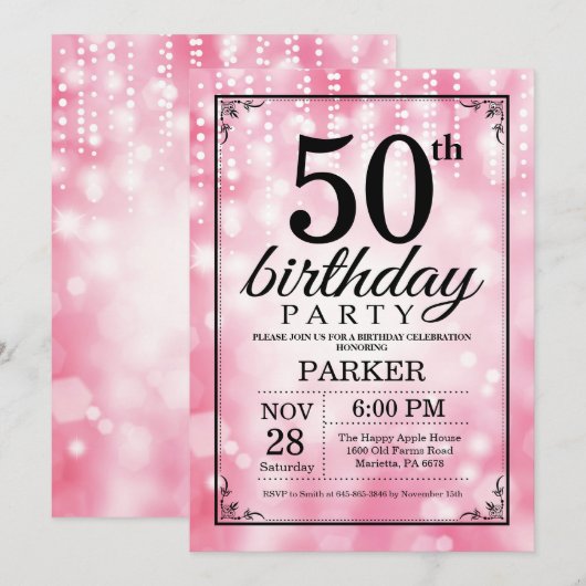 50e verjaardag uitnodiging roze glitter (Voorkant / Achterkant)