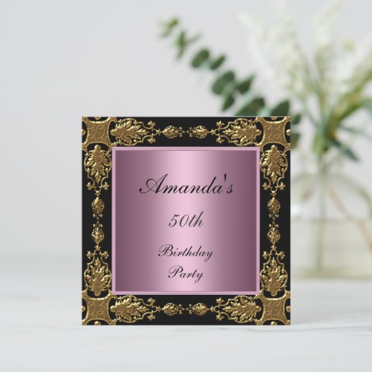 50e verjaardag Uitnodiging roze zwart goud (Staand voorkant)