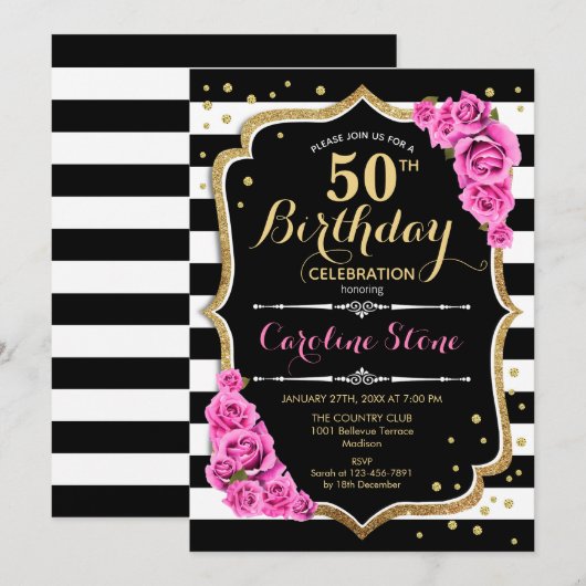 50e verjaardag uitnodiging roze zwart wit strepen (Voorkant / Achterkant)