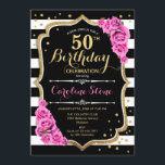 50e verjaardag uitnodiging roze zwart wit strepen<br><div class="desc">50e verjaardag uitnodiging Elegant zwart wit roze design met faux glitter. Zwart-witte strepen met roze rozen. Perfect voor een elegant verjaardagsfeestje.</div>