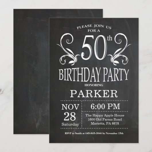 50e verjaardag uitnodiging schoolbord bloemen (Voorkant / Achterkant)