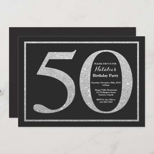 50e verjaardag Uitnodiging Silver Glitter Chalkboa (Voorkant / Achterkant)