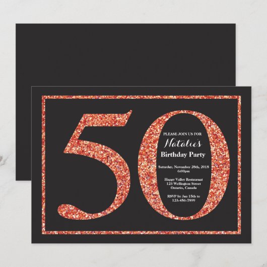 50e Verjaardag Uitnodiging Sinaasappel Glitter Kri (Voorkant / Achterkant)