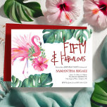 50e verjaardag uitnodiging Tropische Flamingo<br><div class="desc">Schattigee 50ste verjaardagsuitnodigingen zijn voorzien van een waterverf roze flamingo en botanische producten. De woorden "Fifty and Fabulous" zijn gezet in leuke handgeletterde tekst. Een charmante keuze voor een Hawaiian Luau themafeest. Bestel gedrukte kaarten of afdrukbare uitnodigingen voor verjaardagsfeestjes. Ga voor meer sjablonen van vijftigste verjaardagsfeestuitnodigingen naar www.zazzle.com/dotellabelle Unique waterverf...</div>