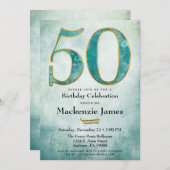 50e verjaardag Uitnodiging Turquoise Blue Gold Adu (Voorkant / Achterkant)