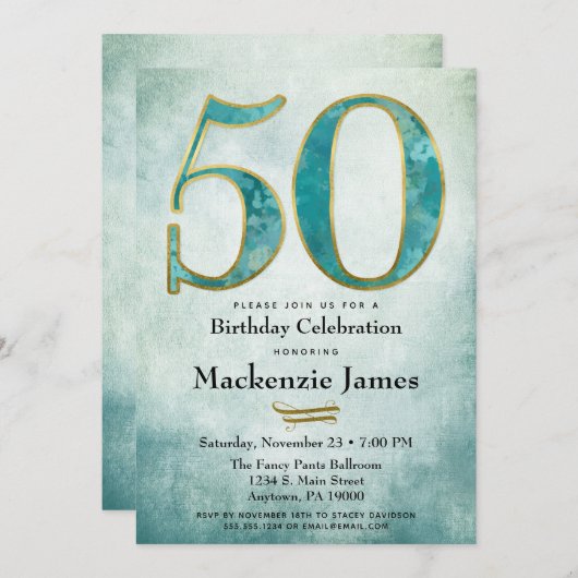 50e verjaardag Uitnodiging Turquoise Blue Gold Adu (Voorkant / Achterkant)