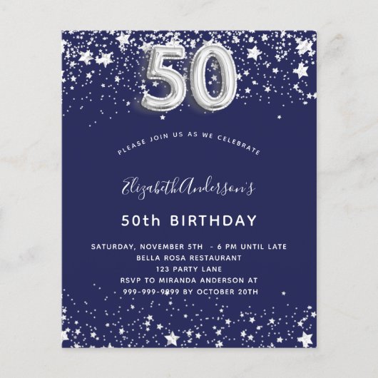 50e verjaardag - uitnodiging voor het blauwe zilve flyer (Voorkant)