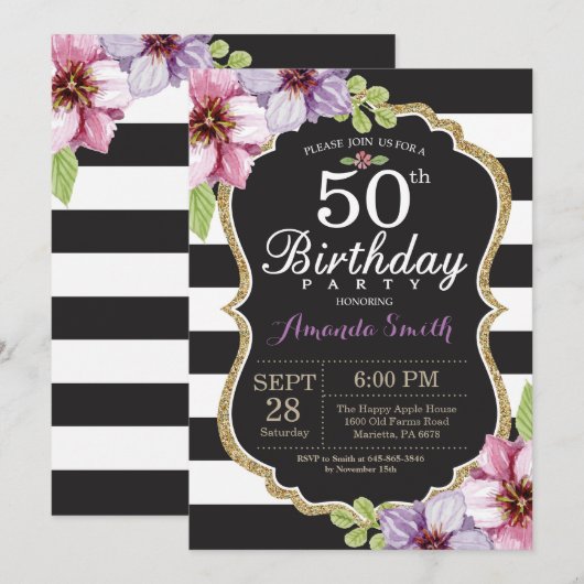 50e verjaardag uitnodiging vrouwen. Floral Gold Bl (Voorkant / Achterkant)