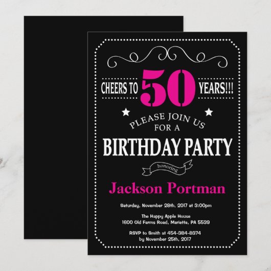 50e verjaardag Uitnodiging warmroze zwarte alkbord (Voorkant / Achterkant)