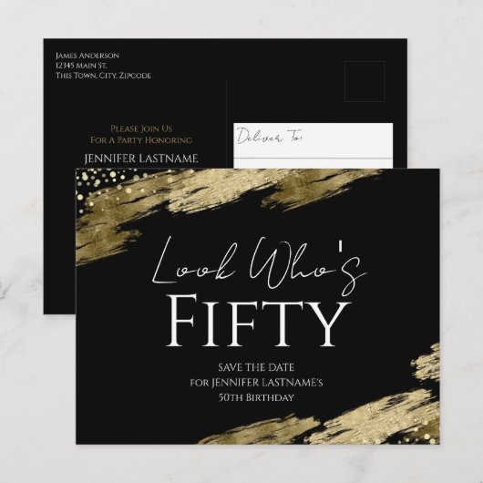 50e verjaardag Uitnodiging Wie Goud Zwart Save the (Voorkant / Achterkant)