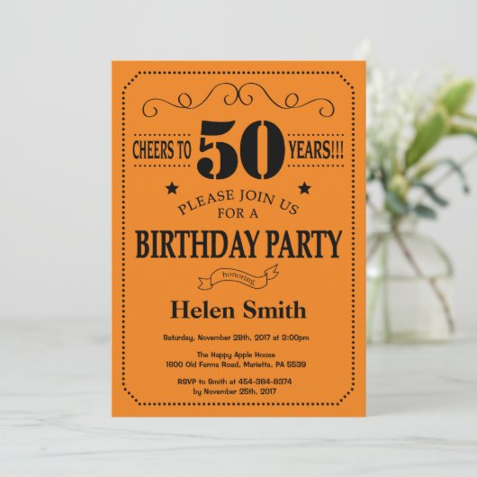 50e verjaardag uitnodiging zwart en Sinaasappel (Staand voorkant)