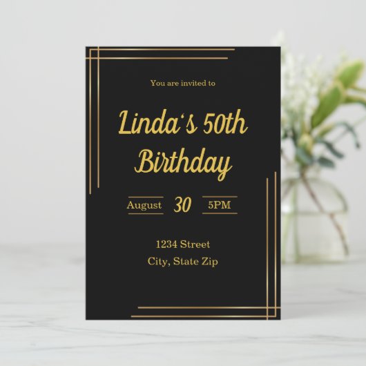 50e verjaardag uitnodiging – Zwart & Goud | elegan (Staand voorkant)