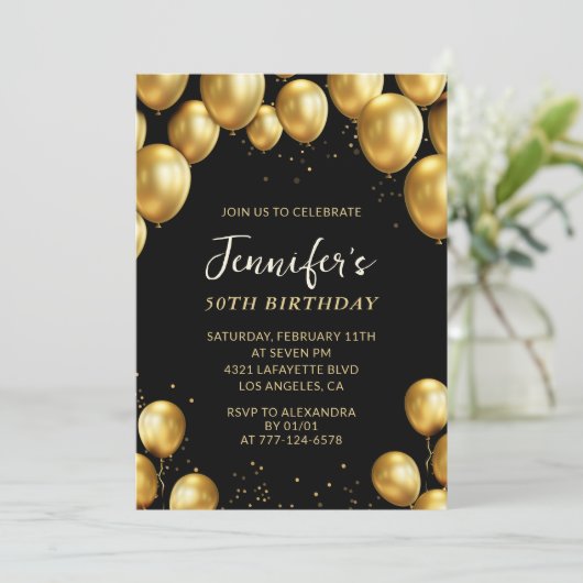 50e verjaardag Uitnodigingen Ballonnen Gold Confet (Staand voorkant)
