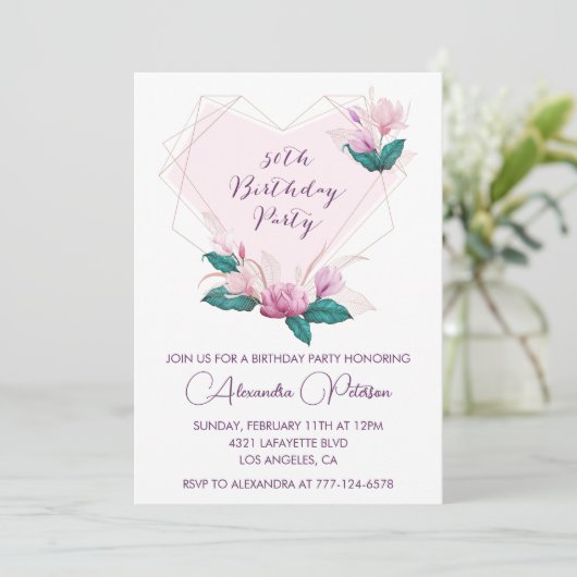 50e verjaardag uitnodigingen Elegant Boho roze (Staand voorkant)