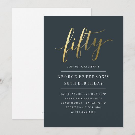 50e verjaardag uitnodigingen - Formal Faux Gold (Voorkant / Achterkant)