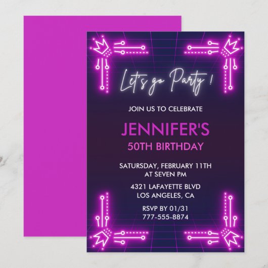 50e verjaardag uitnodigingen Pink Neon Glow (Voorkant / Achterkant)