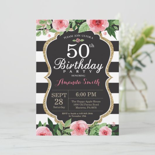 50e verjaardag Uitnodigingsvrouwen. Floral Gold Bl Kaart (Staand voorkant)