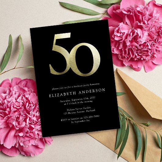 50e verjaardag van Black and Gold Foil Kaart