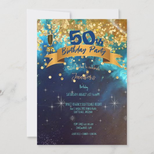 50e verjaardag van Blauwe Goudsparken Classy Invi Kaart (Voorkant)