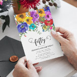 50e verjaardag van Bright en Vette Florals Kaart<br><div class="desc">Heldere en gedurfde bloemrijke uitnodigingen voor 50e verjaardag die op elke leeftijd kunnen worden aangepast. Het ontwerp kenmerkt het schrijven van het kalligrafische manuscript,  hand geschilderde waterverf bloemen met groene blad en een klassieke elegante verjaardagssjabloon die gemakkelijk is aan te passen.</div>