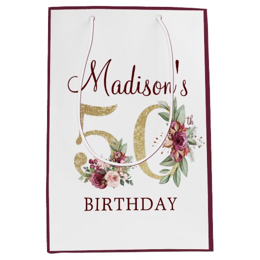 50e verjaardag van Burgundy Gold Floral gepersonal Medium Cadeauzakje (Voorkant)