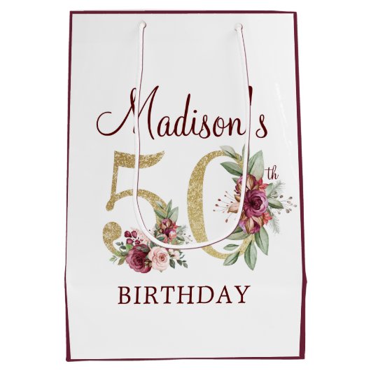 50e verjaardag van Burgundy Gold Floral gepersonal Medium Cadeauzakje (Achterkant)