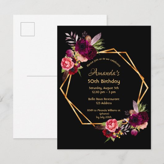 50e verjaardag van de bogundy floral zwarte uitnod briefkaart (Voorkant / Achterkant)
