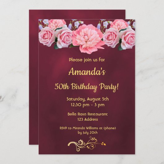 50e verjaardag van de bogundy roze bloemen kaart (Voorkant / Achterkant)